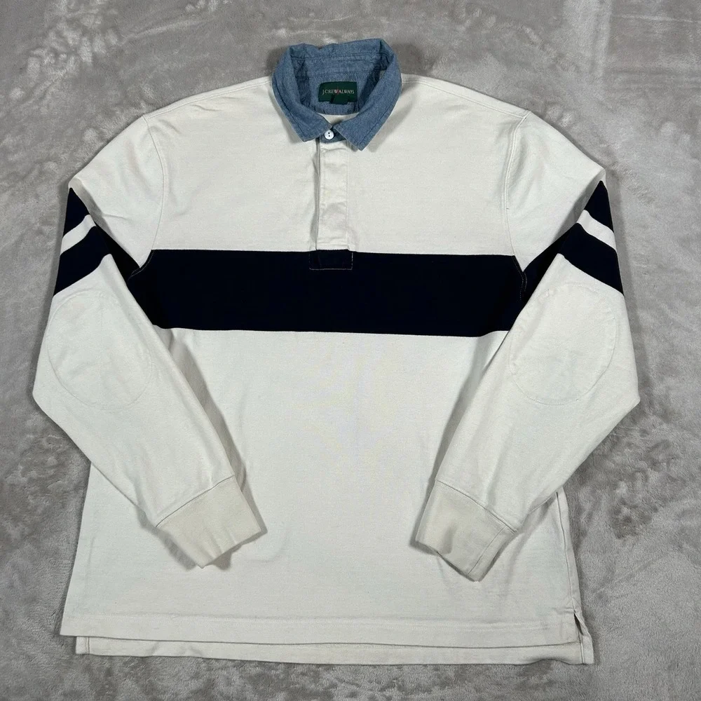 J.Crew Oarsman Rugby Polo Shirt Mens Large White Stripe Denim Collar Elbow Patch